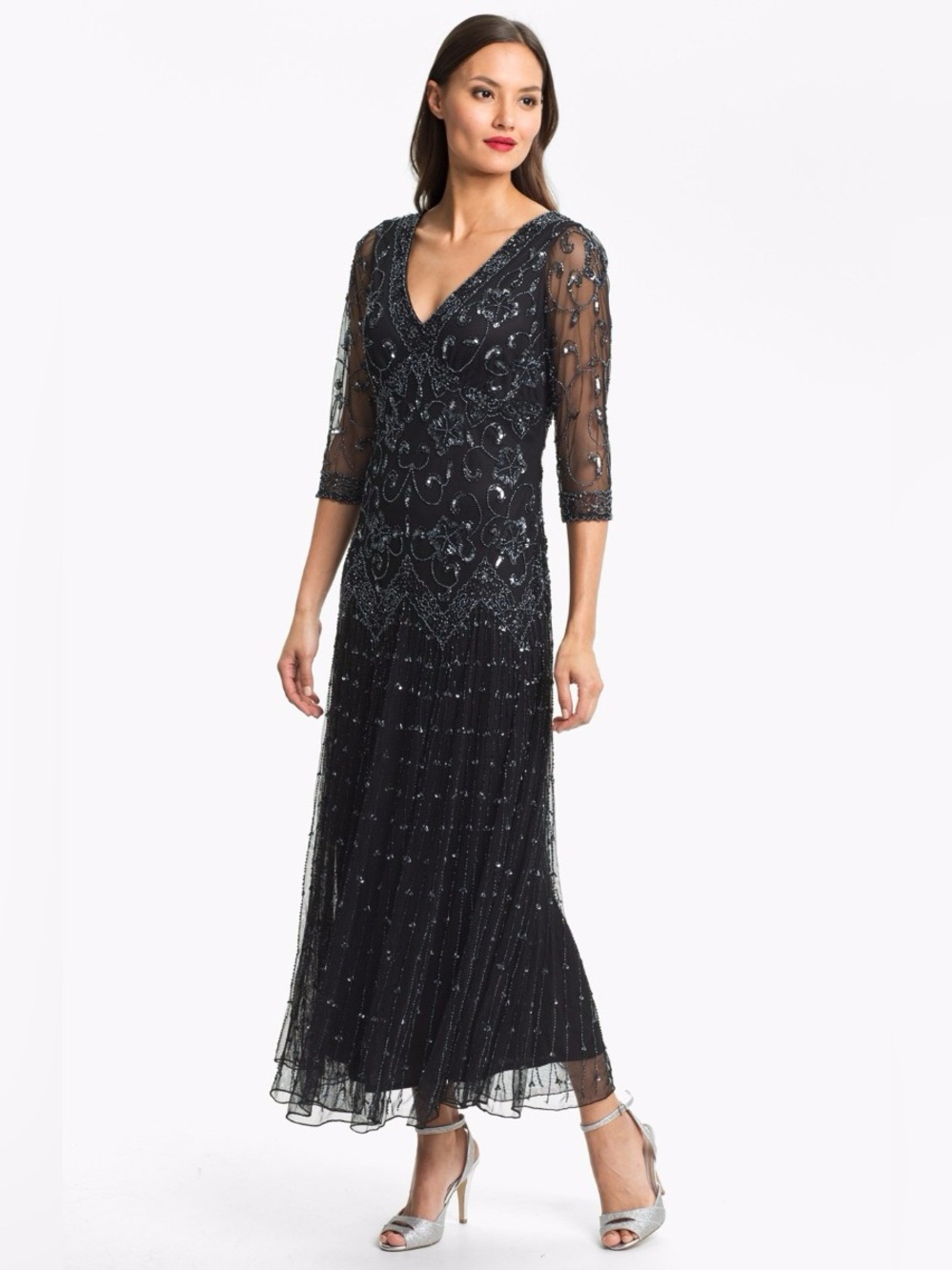 Pisarro Nights Black Beaded Mesh Dress 3/4 Sleeve Embellished Gown
